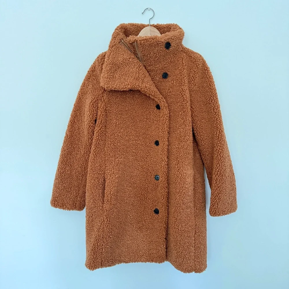 NWT J.Crew Villa Coat Teddy Sherpa Mid Length Adobe Clay Brown sz 8 zip button - Picture 3 of 15